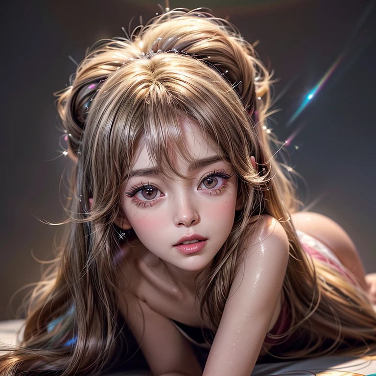 NSFW, 8k, High-level, absurd, masterpiece, best quality, primitive, very detailed CG, very detailed wallpaper, perfect lighting, Extremely detailed ((( personifying " Farrah Fawcett Majors " as a ))), MysticSight, Tyndall effect, Tyndall scattering, (Studio gray background with (Overflowing oodles Dazzling RainbowColorParticles (BokeH))), (RoundlyButts, ThighGap), (Exposed:0.4), (Assfocus with looking ahead) BREAK (Acutance:0.88), (NOGIZAKA face variations) Extremely Detailed very KAWAII face variations, perfect anatomy, Childish, CaptivatingGaze ElaboratePupils detailed Eyes with (sparkling highlights:1.28), (Voluminous LongEyelashes、GlossyRED Lips with beautiful details, RosyCheeks, Radiant PearlSkin with Transparency . { (Dynamic LifeLike expressions:1.4) | :d) }, (large eyes:-1) .