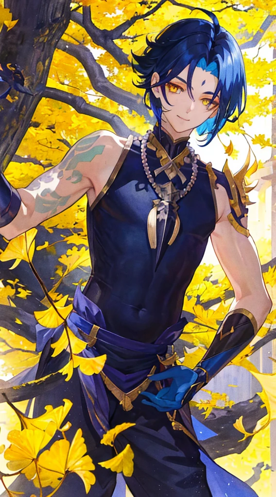 1boy,dark blue hair,best quality,masterpiece,extremley,yellow eyes,male focus,beautiful eyes, make a head hands, wink, smile, ginkgo leaves in background
