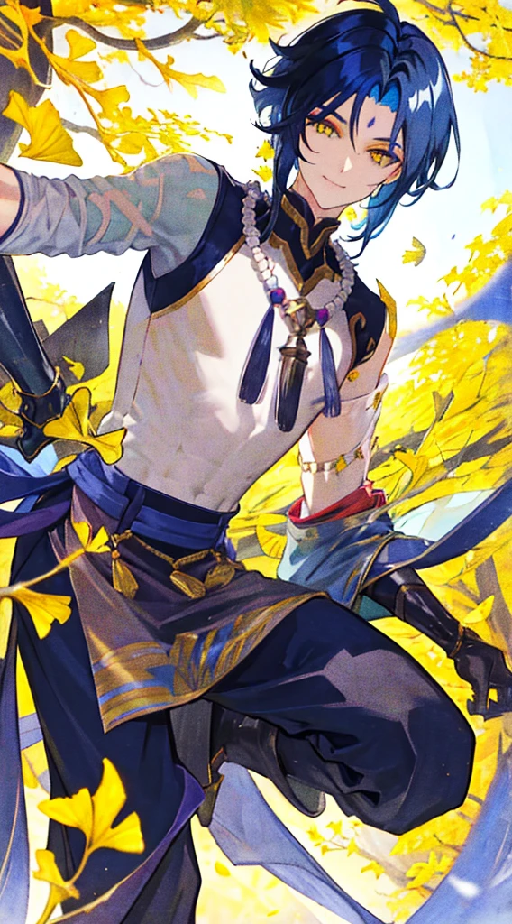 1boy,dark blue hair,best quality,masterpiece,extremley,yellow eyes,male focus,beautiful eyes, make a head hands, wink, smile, ginkgo leaves in background