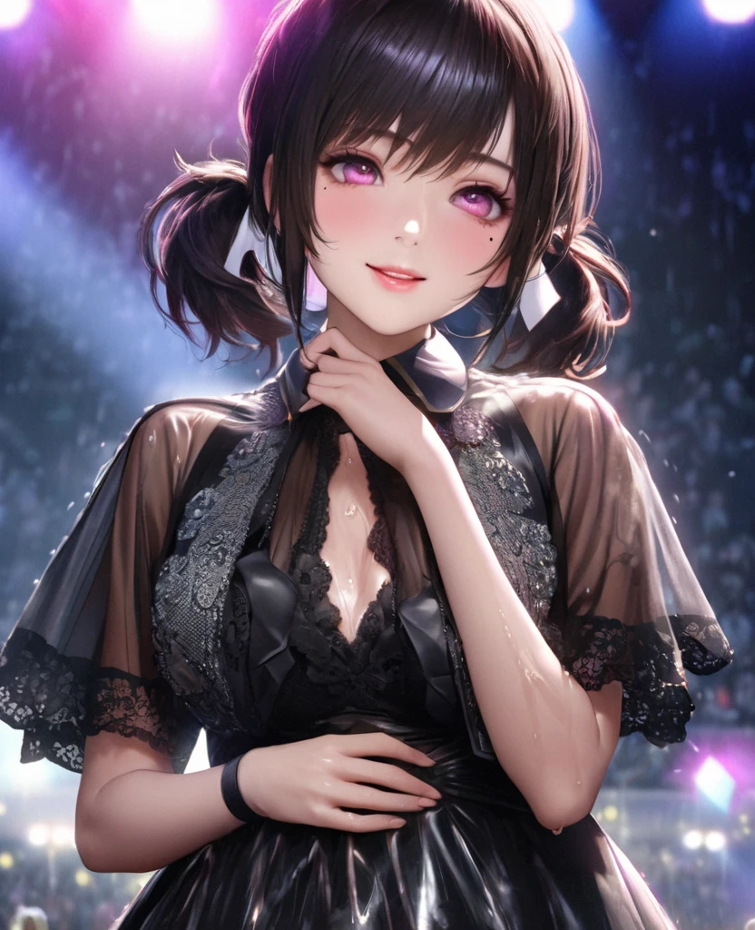 One Girl、Looking at the audience、lovely,
Beautiful pink eyes、short twin tail hair , Mole under the eye、Plump and glossy lips、Heart-shaped choca、Idol、Her name is Rico,smile、ー、。.。.。.。.。.。.。.。.。.。.。.。.。.。.。.。.。.。.3D、Realistic、
The idol's costume was soaked in the heavy rain, and her chest was wet and transparent.Heavy rain at outdoor concert, Drape clothes、gem、The decoration has been removed、Floral、Lace trim,On a glittering stage、
masterpiece、highest quality、8k、Detailed skin texture、Detailed cloth texture、Beautifully detailed face、Intricate details、Very detailed、
超A high resolution、8k Ultra HD、Film Grain、Best Shadow、delicate、Gazing at the audience、front