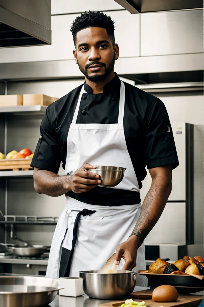 Portrait: A man wearing a black chef&#39;s uniform embroidered with the name Chefmark sits and trades crypto in a computer shop. There was a black cat with a tuxedo pattern next to him with a fierce face.
