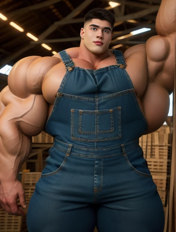 1boy, giant, model shoot style, staring, illuminating light, strong body, bulk, large size, standing, armpit, in the farm barn, denim overall, prominent bulge, big, brutalmass, giant, muscular body, bulk, massive body, large meaty body size