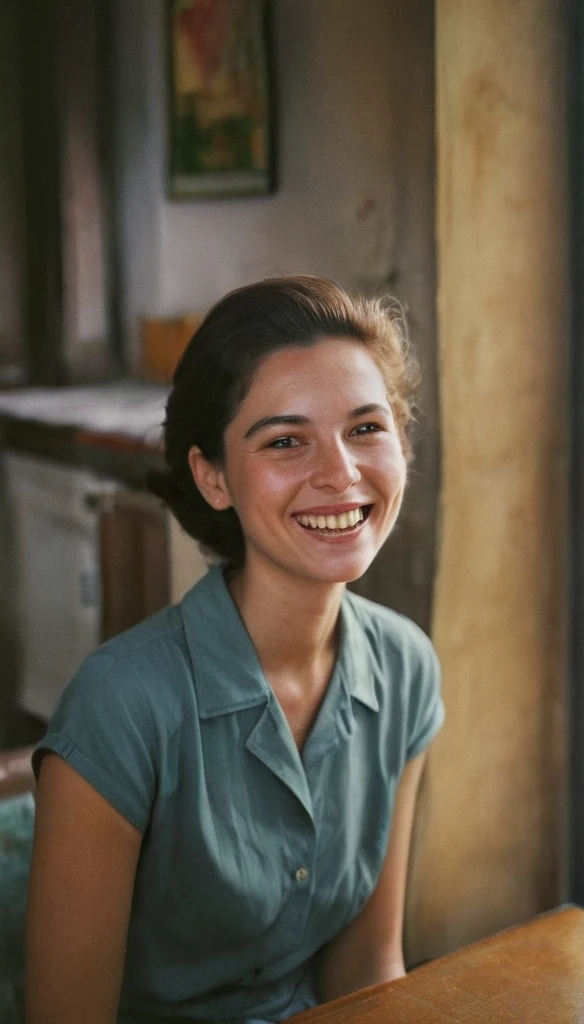 An analog photo of a   woman with translucent Hgrande colors. 1963 50mm vintage beautiful photo, morning light, Kodak Camera, soft focus, hq, warm light, muted colors, cozy, atmospheric, sinister, High fidelity.  8k, hq, render, Hyperrealism, cinestill distance light i no people happy mood, johansson, looking at the experience, Moodyon Film grain, lens flare, Leica M9, f/1.2, 1/30, ISO 200, 1/250s, f/8, symmetrical balance, in-frame, elegant, highly detailed, subtle smiling, sharp focus, art adamss of colours