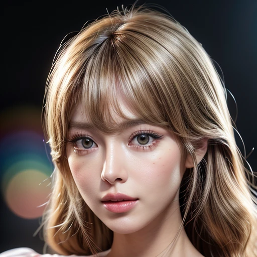 NSFW, 8k, High-level, absurd, masterpiece, best quality, primitive, very detailed CG, very detailed wallpaper, perfect lighting, Extremely detailed ((( personifying " Farrah Fawcett Majors " as a ))), MysticSight, Tyndall effect, Tyndall scattering, (Studio gray background with (Overflowing oodles Dazzling RainbowColorParticles (BokeH))), (RoundlyButts, ThighGap), (Exposed:0.4), (Assfocus with looking ahead) BREAK (Acutance:0.88), (NOGIZAKA face variations) Extremely Detailed very KAWAII face variations, perfect anatomy, Childish, CaptivatingGaze ElaboratePupils detailed Eyes with (sparkling highlights:1.28), (Voluminous LongEyelashes、GlossyRED Lips with beautiful details, RosyCheeks, Radiant PearlSkin with Transparency . { (Dynamic LifeLike expressions:1.4) | :d) }, (large eyes:-1) .