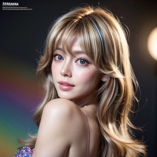 NSFW, 8k, High-level, absurd, masterpiece, best quality, primitive, very detailed CG, very detailed wallpaper, perfect lighting, Extremely detailed ((( personifying " Farrah Fawcett Majors " as a Little Girl))), MysticSight, Tyndall effect, Tyndall scattering, (Studio gray background with (Overflowing oodles Dazzling RainbowColorParticles (BokeH))), (RoundlyButts, ThighGap), (Exposed:0.4), (Assfocus with looking ahead) BREAK  (Acutance:0.88), (NOGIZAKA face variations) Extremely Detailed very KAWAII face variations, perfect anatomy, Childish, CaptivatingGaze ElaboratePupils detailed Eyes with (sparkling highlights:1.28), (Voluminous LongEyelashes、GlossyRED Lips with beautiful details, RosyCheeks, Radiant PearlSkin with Transparency . { (Dynamic LifeLike expressions:1.4) | :d) }, (large eyes:-1) .