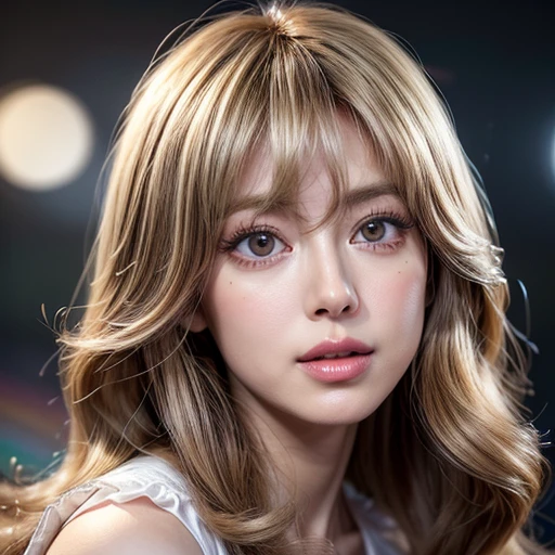 NSFW, 8k, High-level, absurd, masterpiece, best quality, primitive, very detailed CG, very detailed wallpaper, perfect lighting, Extremely detailed ((( personifying " Farrah Fawcett Majors " as a Little Girl))), MysticSight, Tyndall effect, Tyndall scattering, (Studio gray background with (Overflowing oodles Dazzling RainbowColorParticles (BokeH))), (RoundlyButts, ThighGap), (Exposed:0.4), (Assfocus with looking ahead) BREAK (Acutance:0.88), (NOGIZAKA face variations) Extremely Detailed very KAWAII face variations, perfect anatomy, Childish, CaptivatingGaze ElaboratePupils detailed Eyes with (sparkling highlights:1.28), (Voluminous LongEyelashes、GlossyRED Lips with beautiful details, RosyCheeks, Radiant PearlSkin with Transparency . { (Dynamic LifeLike expressions:1.4) | :d) }, (large eyes:-1) .