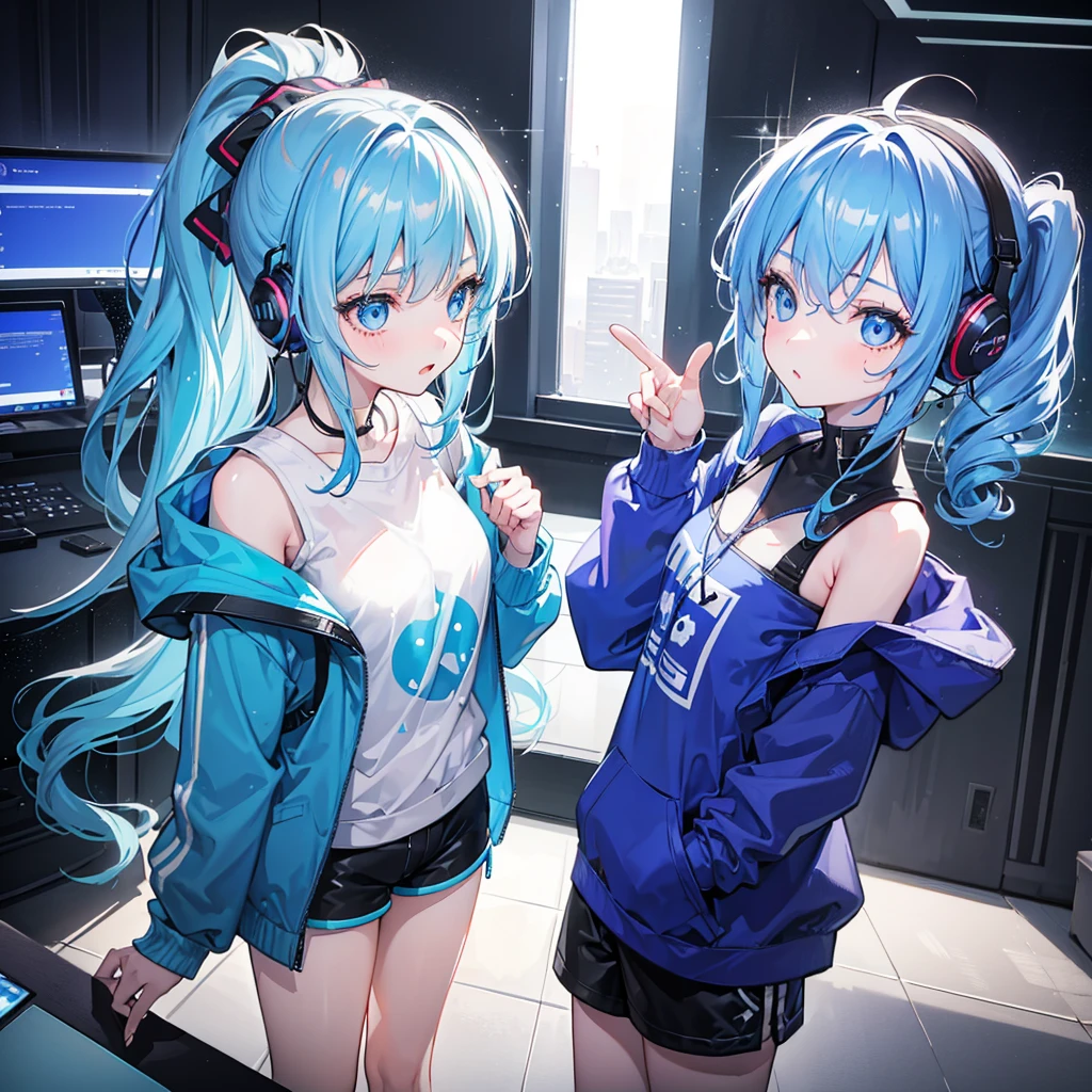 (2 girl), indoor girl, girl wearing a blue hoodie, body, ice blue hair, ponytail, princess curls, exposed shoulders, wearing headphones, shorts, girl listening to music, cute and playful girl, blue eyes, vibrant atmosphere, mouth open, (close-up shot), (masterpiece, best quality, high-resolution, beautiful face, 8K illustrations, detailed background), indoor lighting, Edge light, sparkling, volume light, light particles, warm light, modern, perspective, fashionable, isometric design, symmetrical portrait, (side view: 1.2), (2.5D), with crystal clear sweat on the face, posing, (surprised expression)