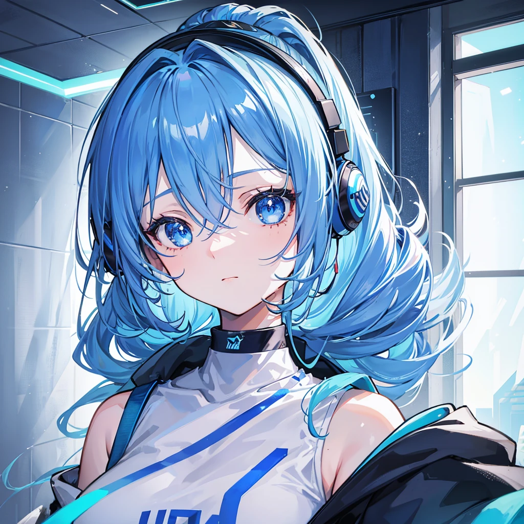 (2 girl), indoor girl, girl wearing a blue hoodie, body, ice blue hair, ponytail, princess curls, exposed shoulders, wearing headphones, shorts, girl listening to music, cute and playful girl, blue eyes, vibrant atmosphere, mouth open, (close-up shot), (masterpiece, best quality, high-resolution, beautiful face, 8K illustrations, detailed background), indoor lighting, Edge light, sparkling, volume light, light particles, warm light, modern, perspective, fashionable, isometric design, symmetrical portrait, (side view: 1.2), (2.5D), with crystal clear sweat on the face, posing, (surprised expression)