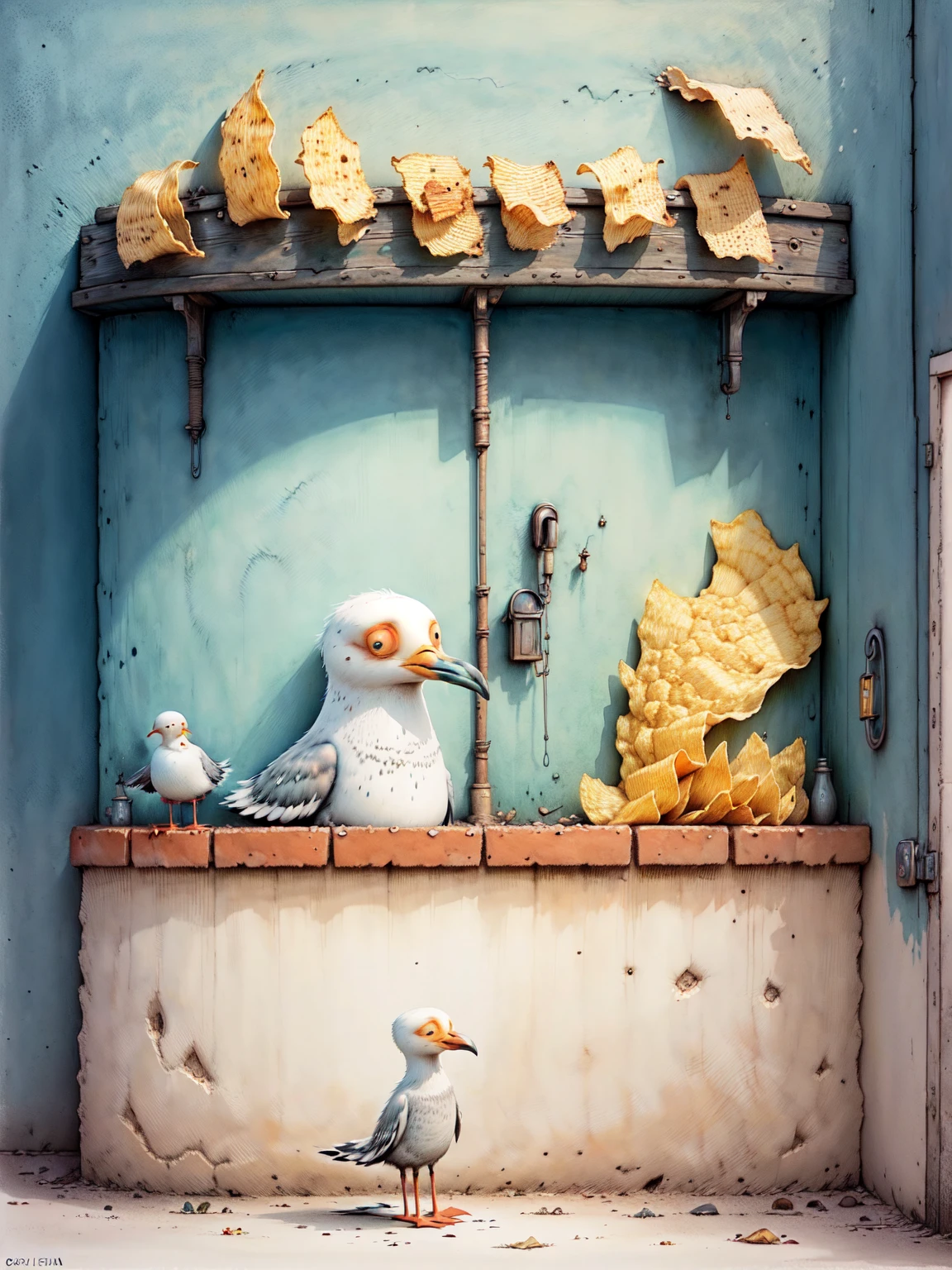 cuento , escena de cuento infantil:1.4 ((A seagull eating potato chips in a well-defined and clear restaurant:1.5)), idyllic, magical scene, hermosa restaurant con comensales, (mejor calidad, 4k, 8k, high resolution, Obra maestra:1.2), ultra detallado, (realista, photorealista, photo-realista:1.37), warm lighting, colores vibrantes, enfoque suave, dreamer, acogedor, adorable, lindo, caprichoso, Fancy, Encantador, sereno, peaceful, inocente, reconfortante, imaginativo