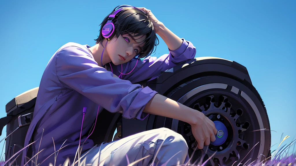A young man in a sits leaning against a tree., Has purple eyes and dark black hair., seriously listening to music,Wear blue-white headphones,green grass background,blue sky