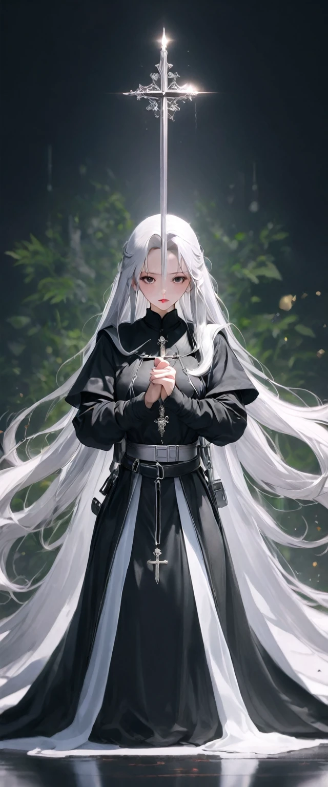 Character (white long hair) (lots of accessories and exaggerated silver jewelry) (nun manga-style clothing) (character in dynamic pose)