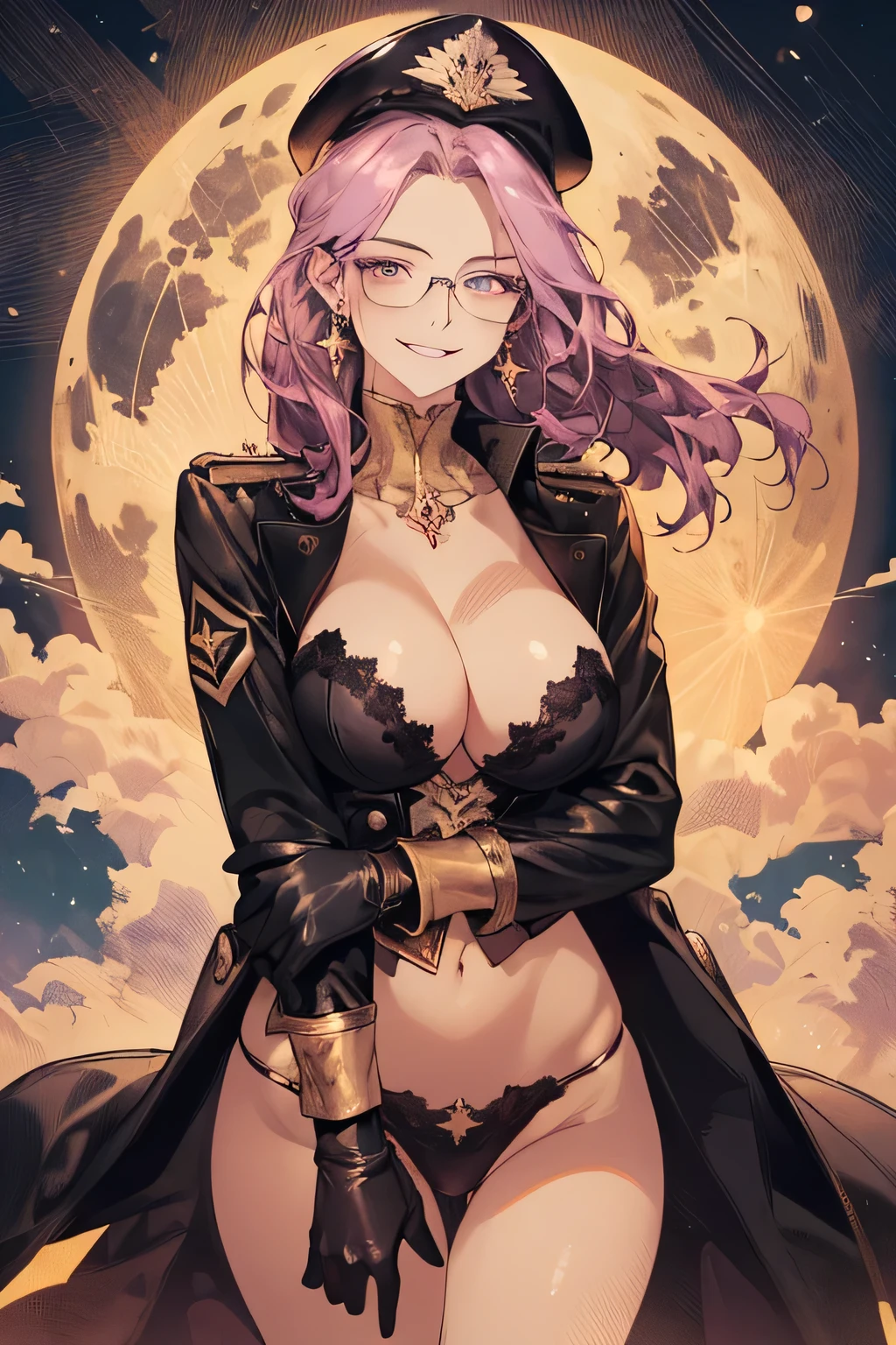 ( Detailed Description, High resolution,8k wallpaper,, masterpiece,Highest quality,Depth of region),Chest and face shot. Beautiful young woman、so beautiful、Anatomically accurate depiction,Light purple hair,Forehead,Facial details、Glasses、Gold earrings in the ears,(Provocative smile),(She is wearing a black military cap..,Black military jacket、Black Leather Gloves)、(Big Breasts)、Cleavage,Precisely drawn hands. Full moon in the background,night.