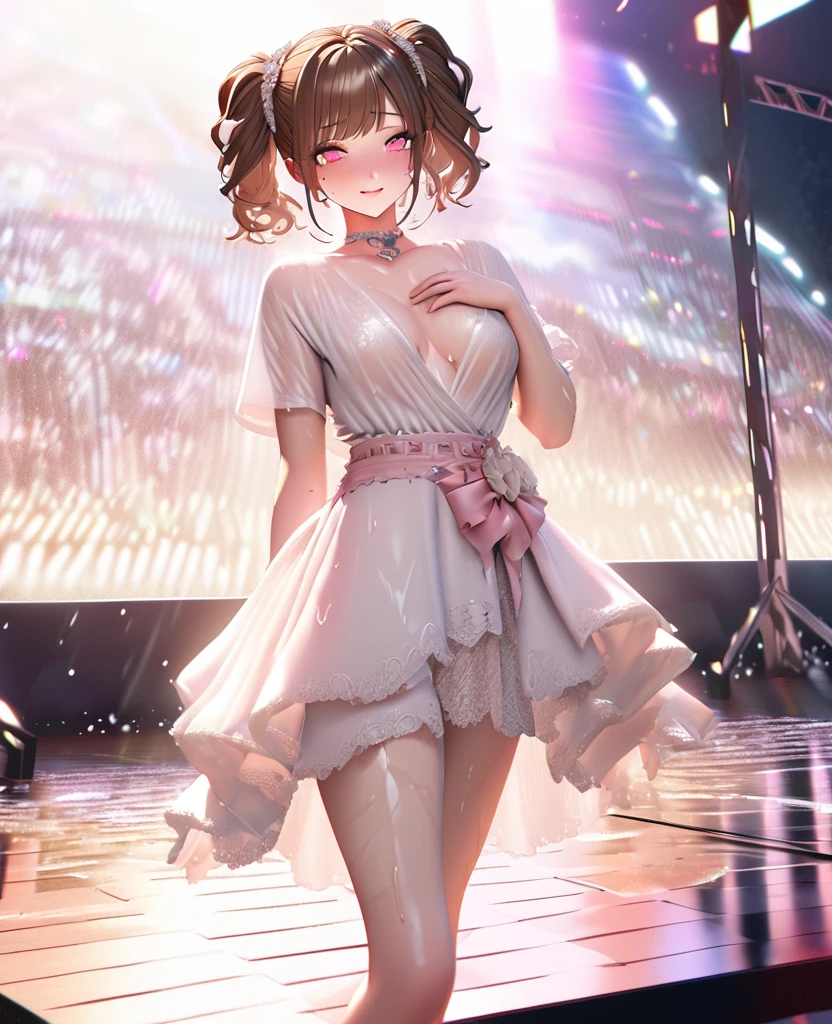 one girl, staring at the audience, beautiful pink eyes, brown hair in short twin tails, mole under eye, plump glossy lips, heart shaped choker, idol, her name is Mei, smiling, . . . 3D, realistic, idol's costume was drenched in heavy rain, her chest was wet and see-through, heavy rain at outdoor concert, draped clothes, jewelry and decorations removed, floral patterns, lace trim, glittering on stage, masterpiece, best quality, 8k, detailed skin texture, detailed fabric texture, beautifully detailed face, intricate details, highly detailed, ultra high resolution, 8k Ultra HD, film grain, best shadows, delicate, staring at the audience, front