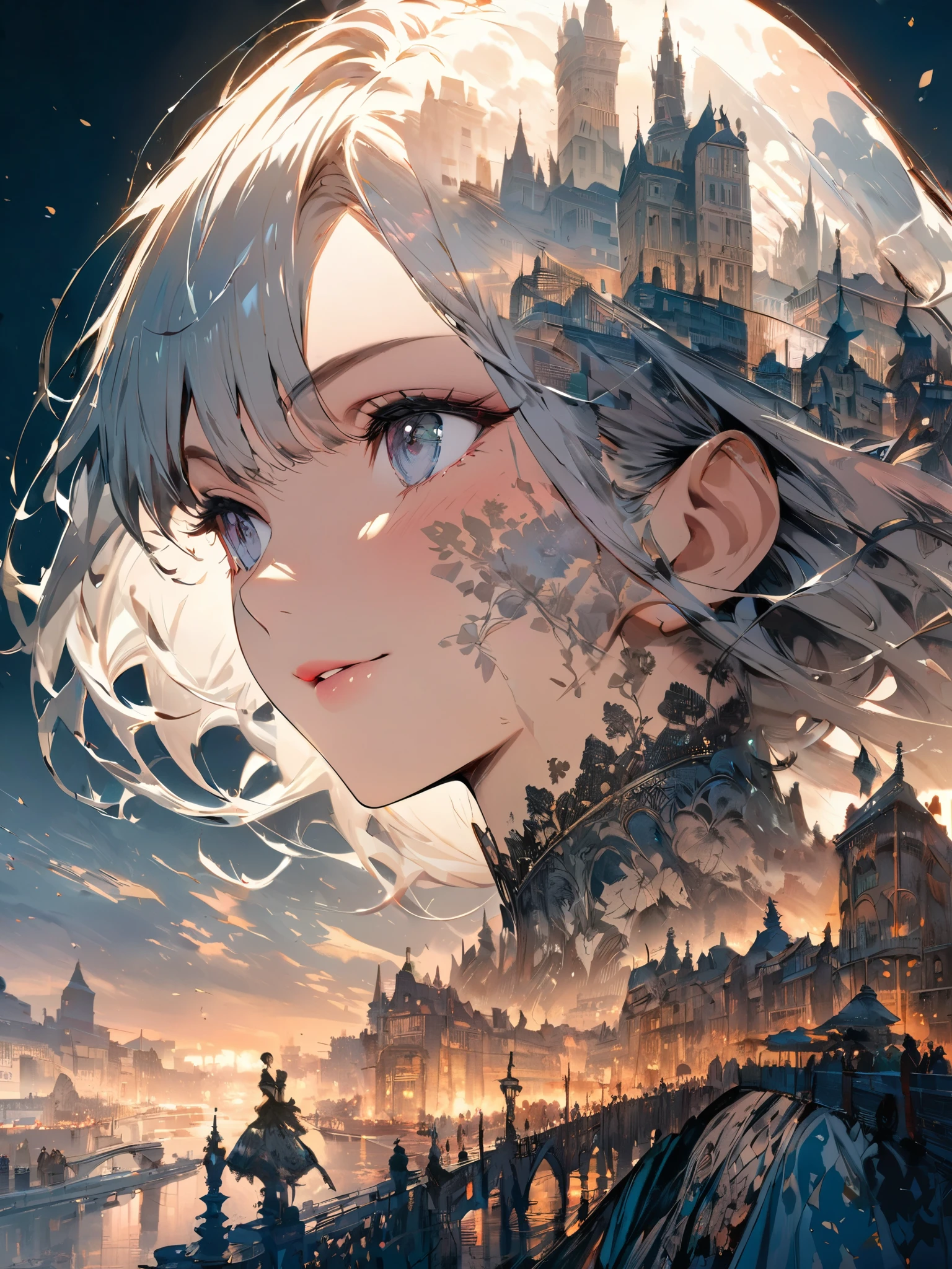 Double exposure of a beautiful and delicate lady(Face clear and perfect)Image,The backdrop is a hyper-detailed Victorian city perfect for, Beautifully, Intricate illustrations, art work concept art work masterpiece, best quality, Super detailed, HD