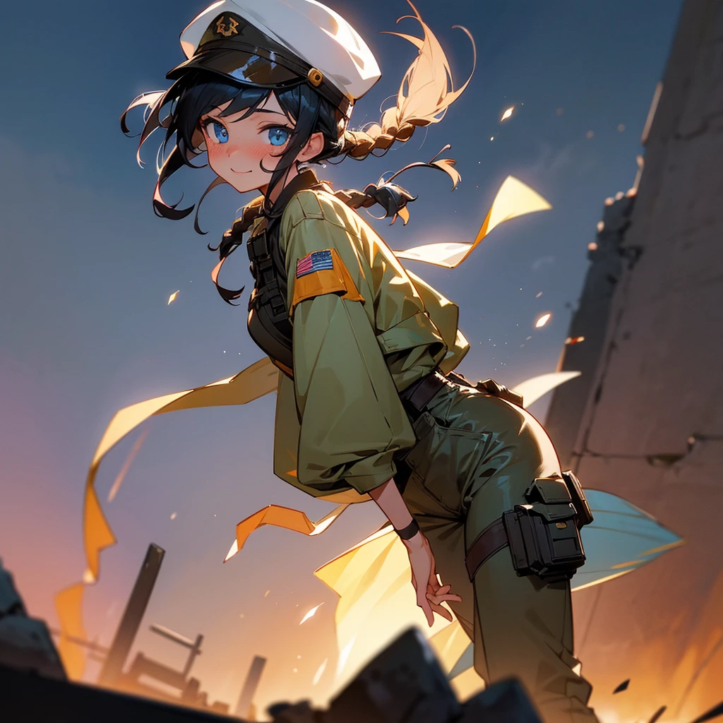 1female,  adult, tan skin, finely detailed blue eyes, braided bun hair, black hair, army cap, combat pants, standing on ruined building, night time, happy expression, blushing