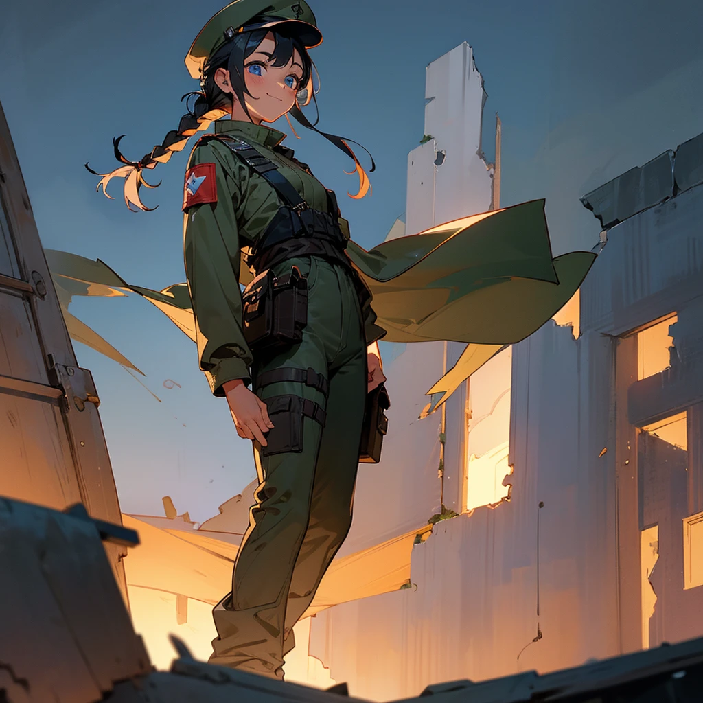 1female, adult, tan skin, finely detailed blue eyes, braided bun hair, black hair, army cap, combat pants, standing on ruined building, night time, happy expression, blushing