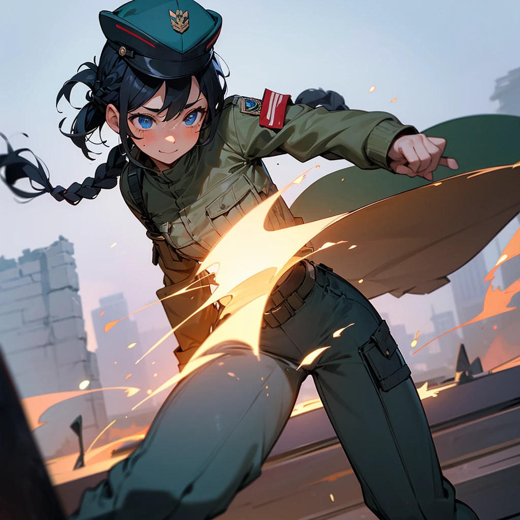 1female,  adult, tan skin, finely detailed blue eyes, braided bun hair, black hair, army cap, combat pants, standing on ruined building, night time, happy expression, blushing