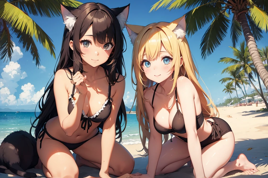 2 girls, neko, cat girls, twins, sisters, beach, sunny, high res, masterpiece, supersharp, high quality, masterpiece, HD, cute face, soft shadows, natural lighting, sunny, beach, multicolored hair, high res, masterpiece, supersharp