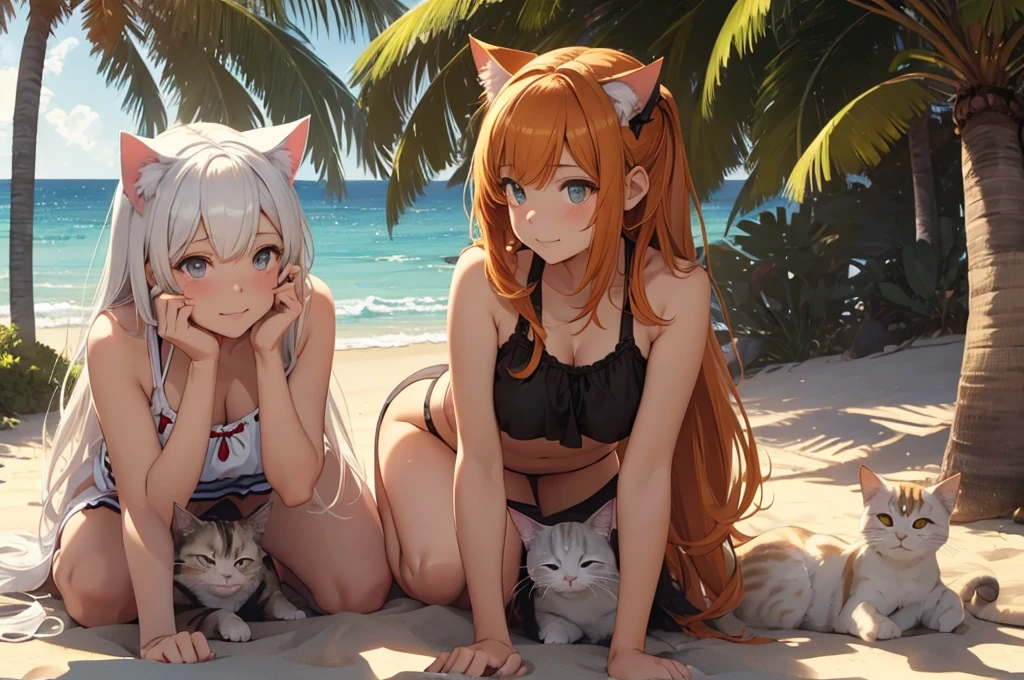 2 girls, neko, cat girls, twins, sisters, beach, sunny, high res, masterpiece, supersharp, high quality, masterpiece, HD, cute face, soft shadows, natural lighting, sunny, beach, multicolored hair, high res, masterpiece, supersharp