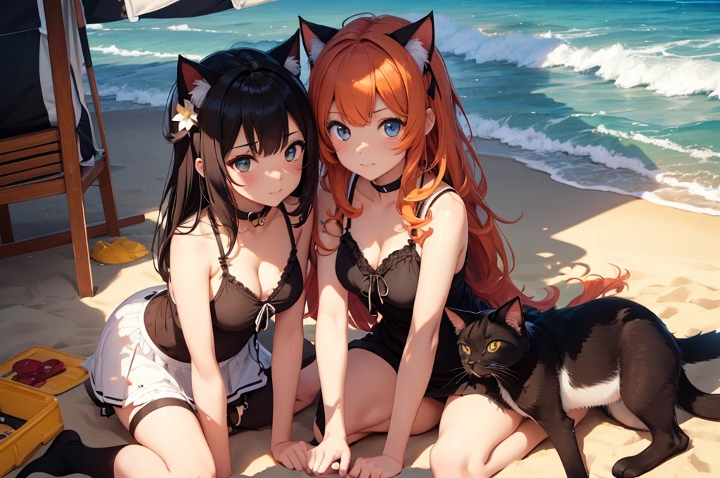 2 girls, neko, cat girls, twins, sisters, beach, sunny, high res, masterpiece, supersharp, high quality, masterpiece, HD, cute face, soft shadows, natural lighting, sunny, beach, multicolored hair, high res, masterpiece, supersharp