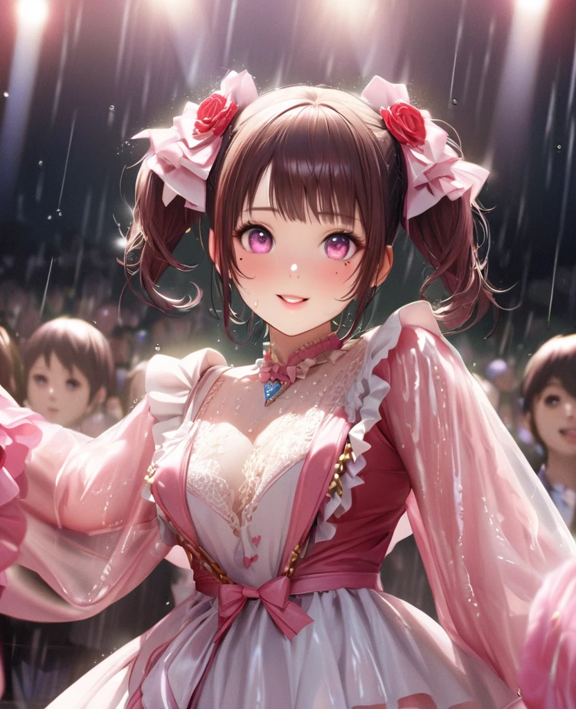 One Girl、Looking at the audience、lovely,
Beautiful pink eyes、short twin tail hair , Mole under the eye、Plump and glossy lips、Heart-shaped choca、Idol、Her name is Rico,smile、ー、。.。.。.。.。.。.。.。.。.。.。.。.。.。.。.。.。.。.3D、Realistic、
The idol's costume was soaked in the heavy rain, and her chest was wet and transparent.Heavy rain at outdoor concert, Drape clothes、gem、The decoration has been removed、Floral、Lace trim,On a glittering stage、
masterpiece、highest quality、8k、Detailed skin texture、Detailed cloth texture、Beautifully detailed face、Intricate details、Very detailed、
超A high resolution、8k Ultra HD、Film Grain、Best Shadow、delicate、Gazing at the audience、front