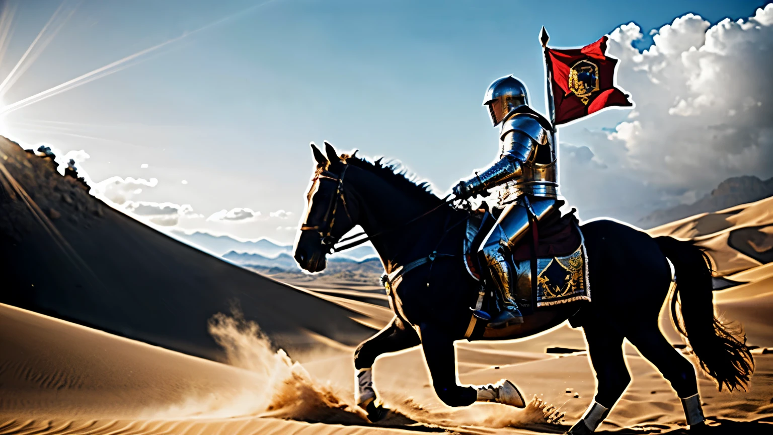 knight in full plate armor, lance in his hand, pennant with templar sign, riding a horse, desert, after battle scenario, photo realistic, epic lighting, epic scenario, chromatic aberration, cinematic lighting, ray tracing, god rays, drop shadow, wide shot, Sony FE, atmospheric perspective, 4k, masterpiece, best quality, highres, anatomically correct