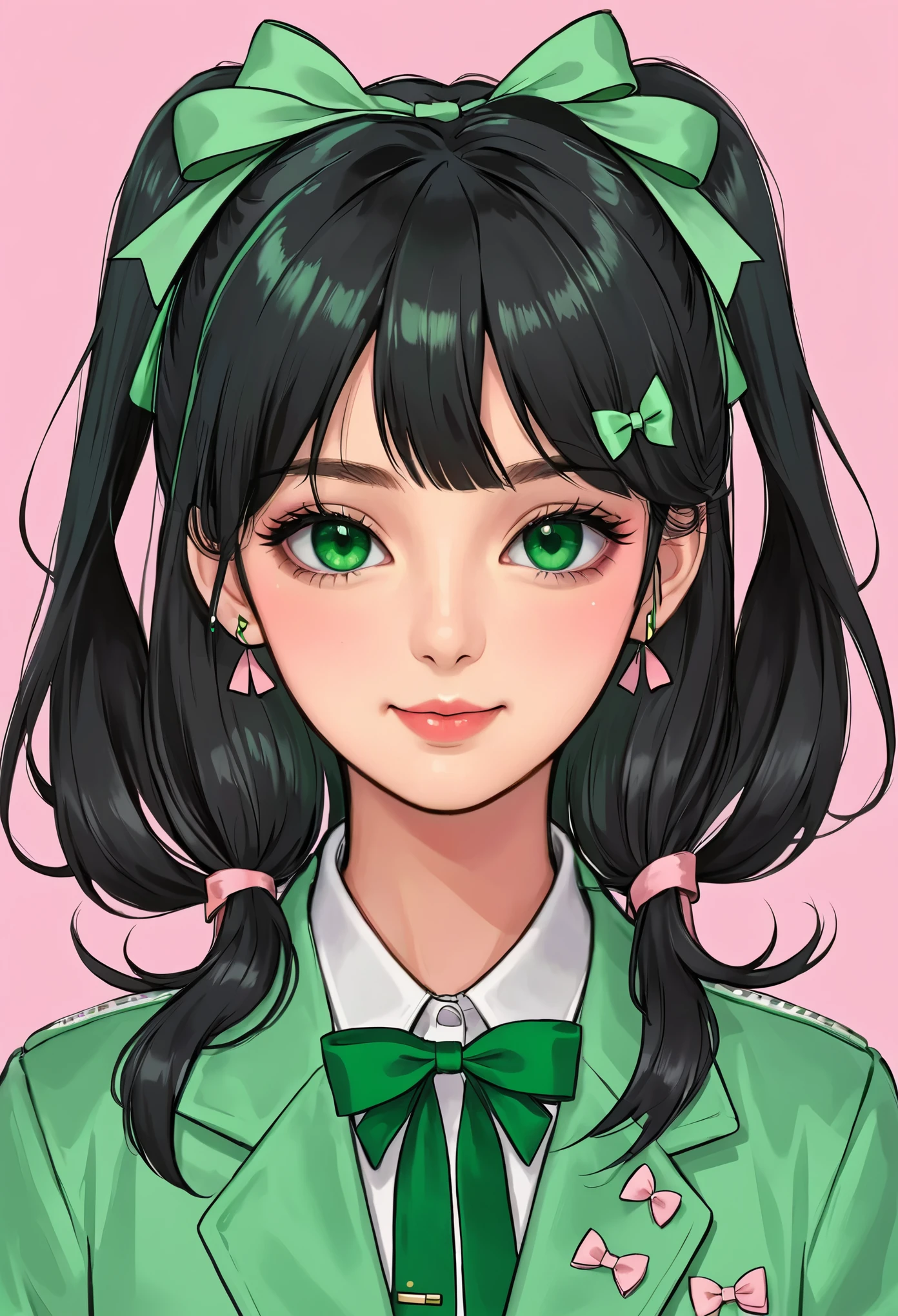 1girl,artist name,bangs,black hair,blush,bow,closed mouth,collared shirt,gradient,gradient background,green bow,green eyes,green ribbon,hachikuji mayoi,hair ornament,hair ribbon,hairclip,jacket,lips,long hair,looking at viewer,pink background,portrait,ribbon,shirt,smile,solo,twintails,two side up