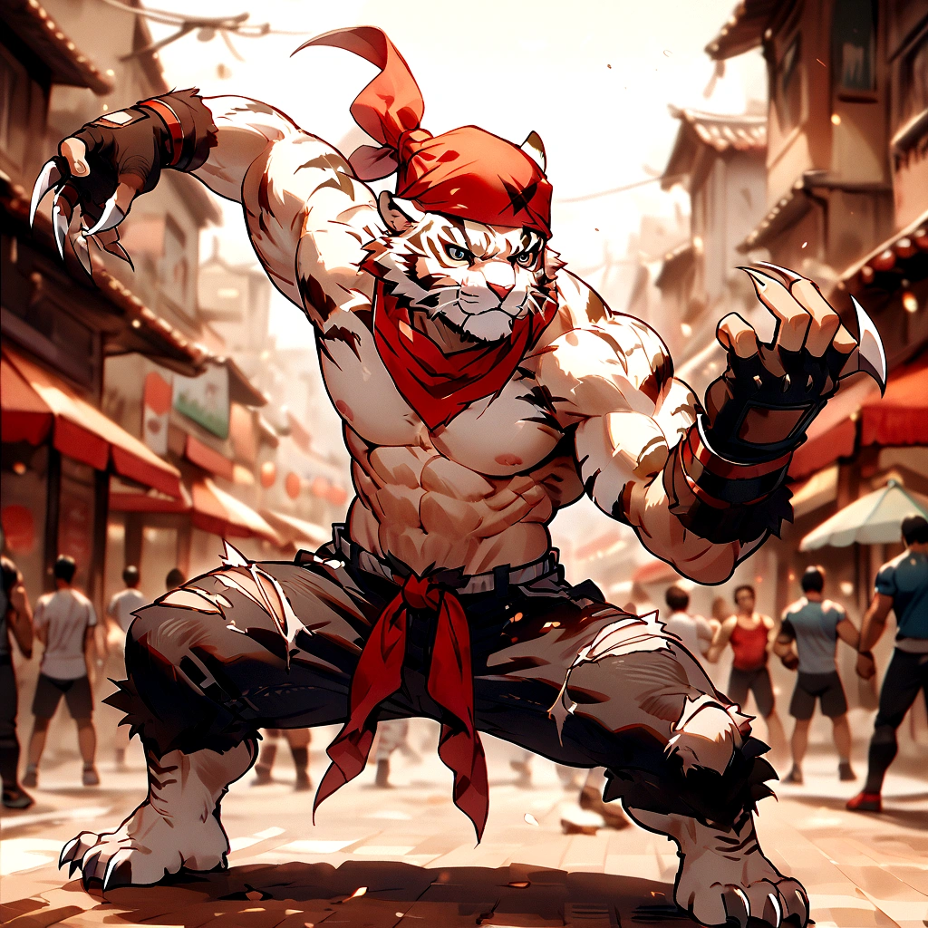 An athletic, muscular anthro white tiger wearing torn jeans and no shirt, wearing fingerless gloves, wearing a red bandana, in a fighting pose, has wolverine claws