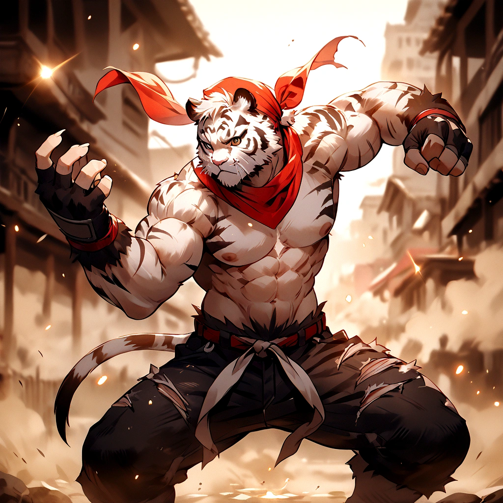 An athletic, muscular anthro white tiger wearing torn jeans and no shirt, wearing fingerless gloves, wearing a red bandana, in a fighting pose, has wolverine claws