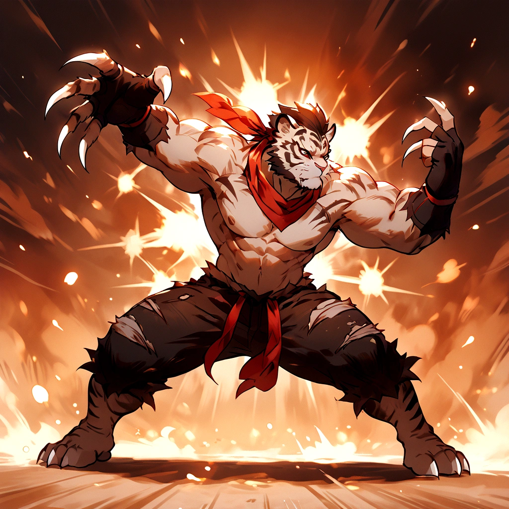 An athletic, muscular anthro white tiger wearing torn jeans and no shirt, wearing fingerless gloves, wearing a red bandana, in a fighting pose, has wolverine claws