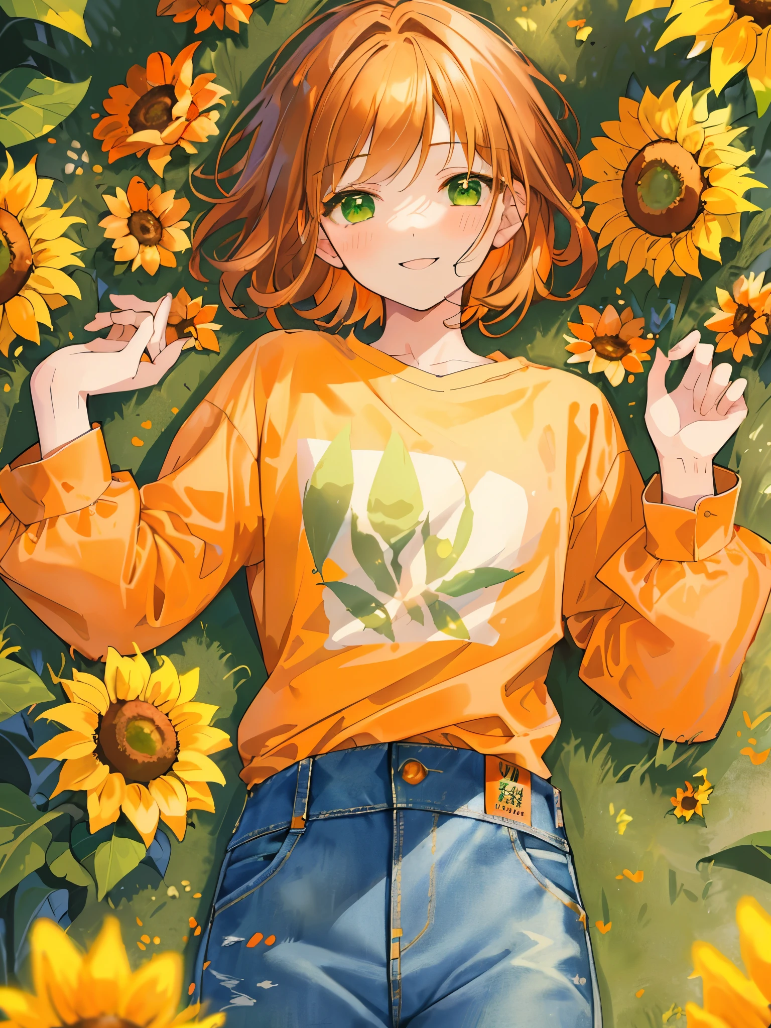 masterpiece、Highest quality、Super detailed、Very delicate、solo、One boy、1 male、(Orange brown hair:1.25),(Fluffy hair:1.2),(short hair:1.2),(Center parted bangs),sunflower,(Green Eyes:1.4),(blush)、smile,(Long sleeve shirt:1.25),(denim:1.35),
