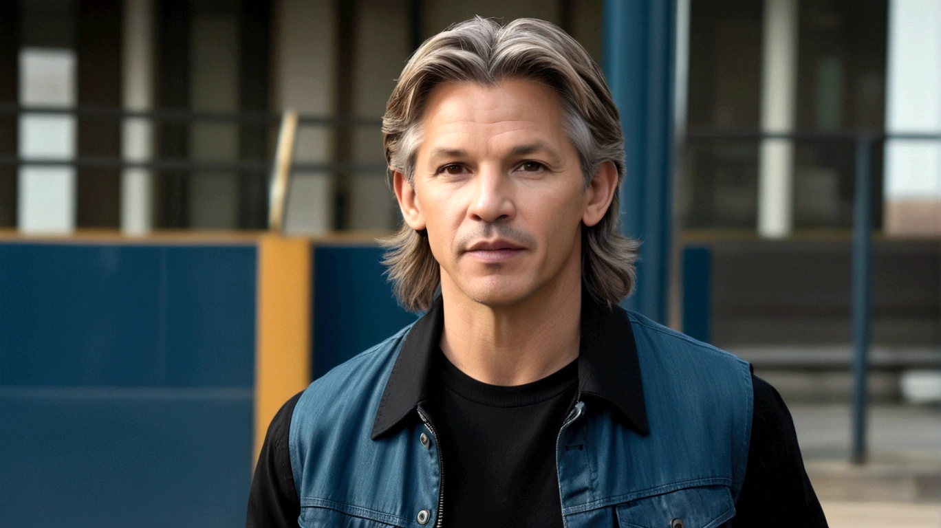 a man called lineker, 50 years old, he has a face similar to Jon Bom Jovi, he has light hair, brown eyes, black blouse, black pants, black sneakers, sideways towards the camera
