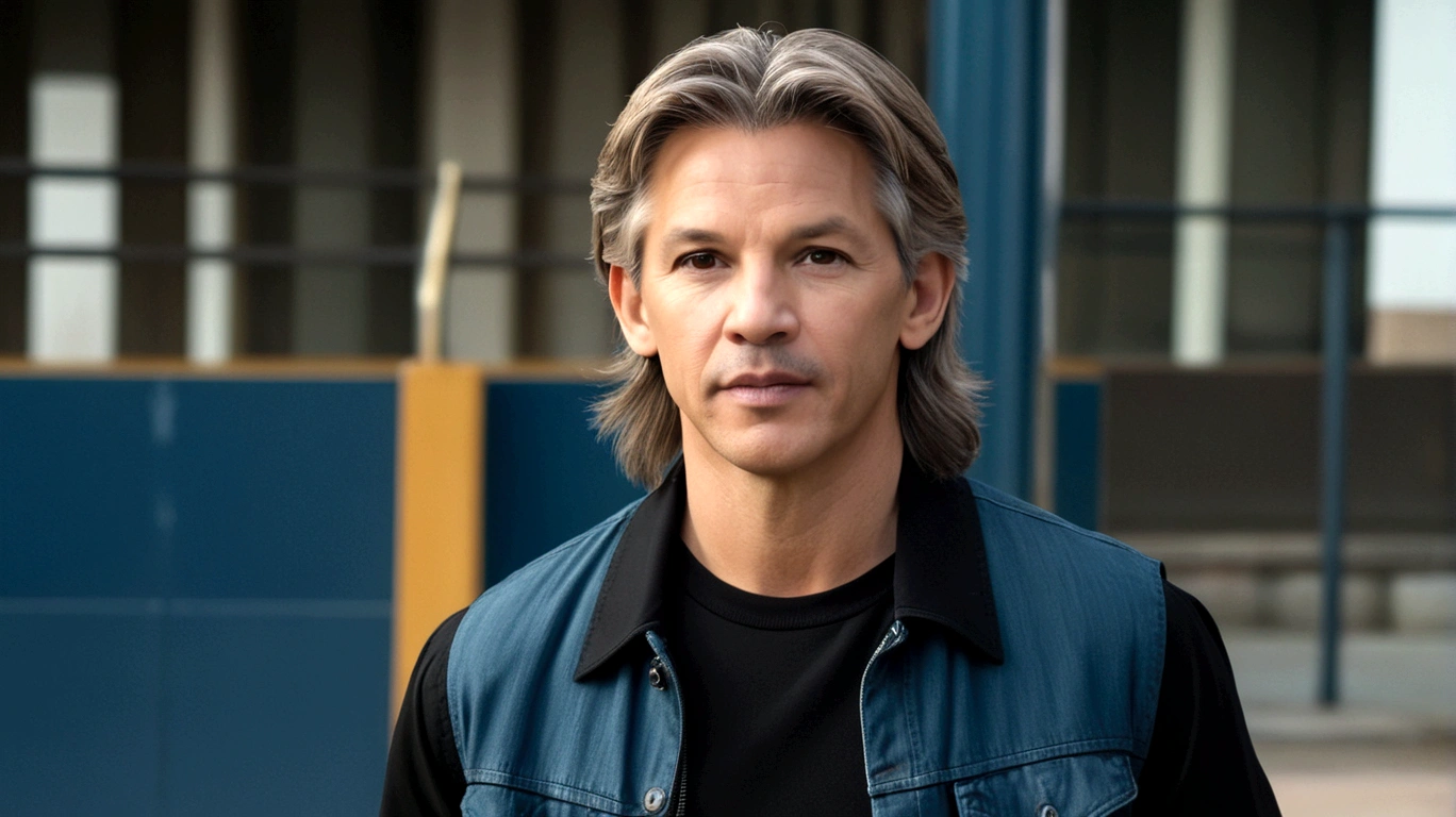 a man called lineker, 50 years old, he has a face similar to Jon Bom Jovi, he has light hair, brown eyes, black blouse, black pants, black sneakers, sideways towards the camera