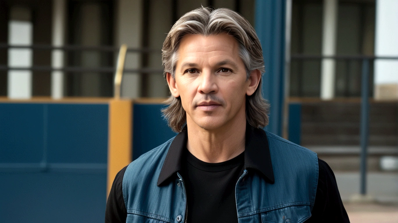 a man called lineker, 50 years old, he has a face similar to Jon Bom Jovi, he has light hair, brown eyes, black blouse, black pants, black sneakers, sideways towards the camera