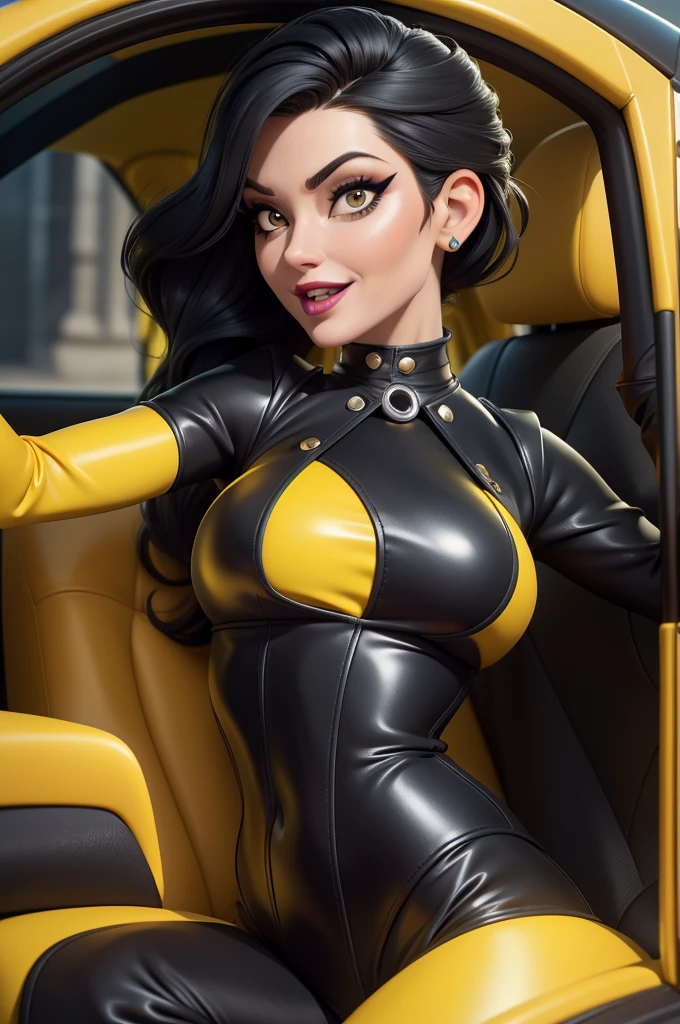 obra prima, melhor qualidade, (emma peel vamp 70yo face wrinkles) head back, sassy wicked girl, big toothy smile, open mouth, (frosty white lipstick,) thick smoky black eye shadow, long fake eyelashes, raven black mullet hair, ((totally yellow leather spy girl suit,)) with studs zippers snaps, shiny leather gloves, body is skinny, reclining in car seat, dazzle pose, pinup pose, exaggerated selfie pose, camera view of the back of her body, looking down at me, shallow depth of field, highres, HD, 8k, anatomically correct