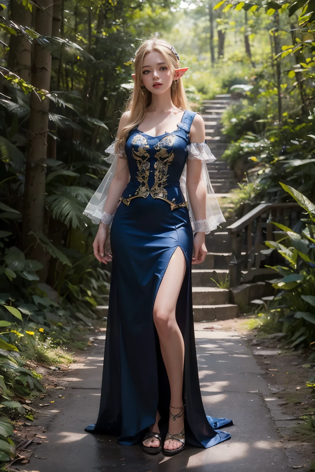 Elf,(8k, RAW Photos, highest quality, masterpiece:1.2),Super detailed,blonde,blue eyes,RPG,princess,battledress,moving,in forest