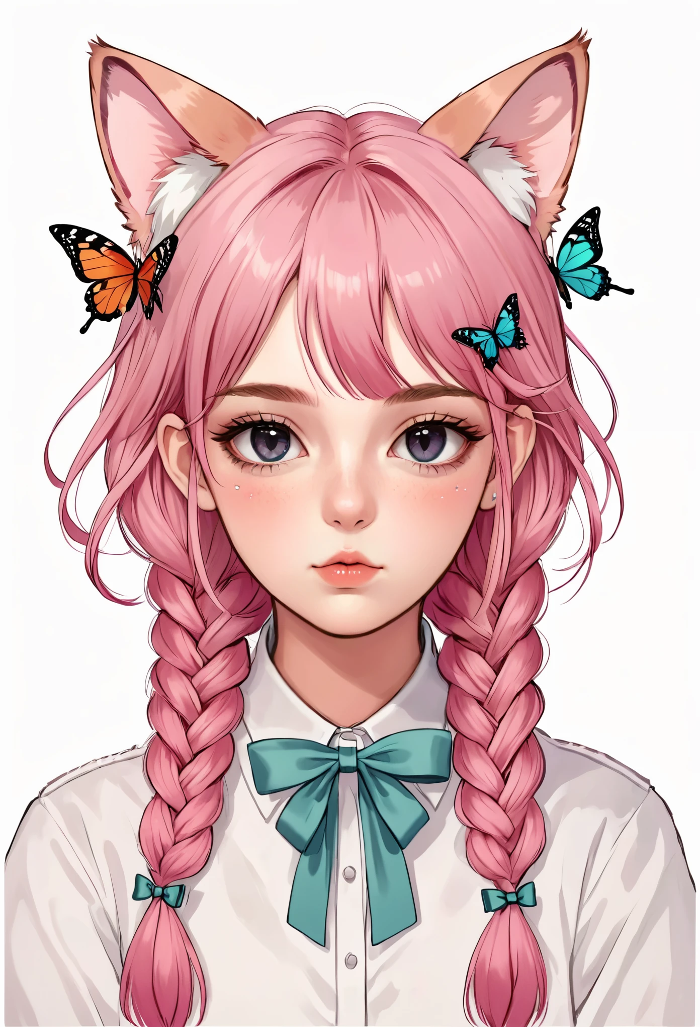 1girl,animal ears,bangs,blush,bow,braid,bug,butterfly,butterfly hair ornament,cat ears,hair ornament,looking at viewer,parted lips,pink hair,ribbon,simple background,solo,twin braids,upper body,white background