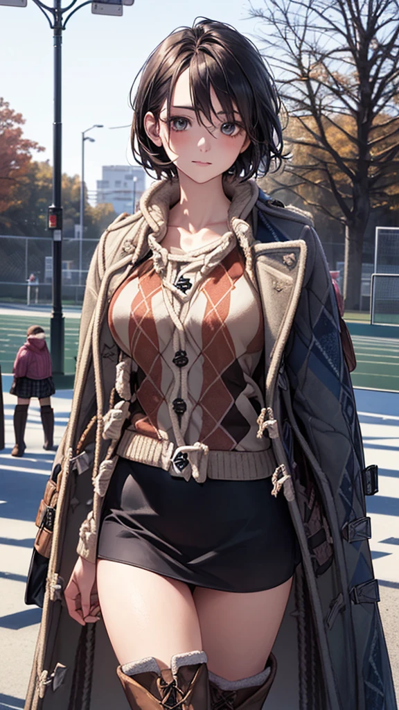 (masterpiece:1.2, Highest quality), (Realistic, photoRealistic:1.4), Beautiful illustrations, (Natural Side Lighting, Cinema Lighting), Browsing Caution,
View your viewers, (Face Focus, Upper Body), Cowboy Shot, 1 Girl, Japanese, Beauty 30 years old, Perfect Face, (Perfect Anatomy:1.4), Cute and symmetrical face, Shiny skin,
(short hair:1.2, Straight hair:1.2, Black Hair), Hair between the eyes, blue eyes, Big eyes, Long eyelashes, (Large Breasts), thin,
Beautiful Hair, Beautiful Face, Beautiful attention to detail, Beautiful clavicle, Beautiful body, Beautiful breasts, Beautiful thighs, Beautiful feet, Beautiful Hands,
(Open Court, Duffle coat, Argyle sweater:1.46, Black mini skirt with stripes :1.4, Brown long boots:1.56), Emphasize the legs,
(Beautiful views), winter, evening, (street tree, Urban area, it's snowing), walking, (Cute smile:1.40, Upward glance, Part your lips),