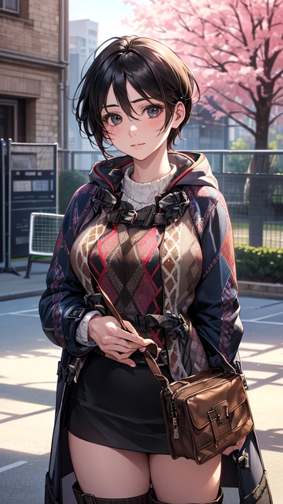 (masterpiece:1.2, Highest quality), (Realistic, photoRealistic:1.4), Beautiful illustrations, (Natural Side Lighting, Cinema Lighting), Browsing Caution, 
View your viewers, (Face Focus, Upper Body), Cowboy Shot, 1 Girl, Japanese, Beauty 30 years old, Perfect Face, (Perfect Anatomy:1.4), Cute and symmetrical face, Shiny skin, 
(short hair:1.2, Straight hair:1.2, Black Hair), Hair between the eyes, blue eyes, Big eyes, Long eyelashes, (Large Breasts), thin, 
Beautiful Hair, Beautiful Face, Beautiful attention to detail, Beautiful clavicle, Beautiful body, Beautiful breasts, Beautiful thighs, Beautiful feet, Beautiful Hands, 
(Open Court, Duffle coat, Argyle sweater:1.46, Black mini skirt with stripes :1.4, Brown long boots:1.56), Emphasize the legs, 
(Beautiful views), winter, evening, (street tree, Urban area, it&#39;s snowing), walking, (Cute smile：1.40, Upward glance, Part your lips), 