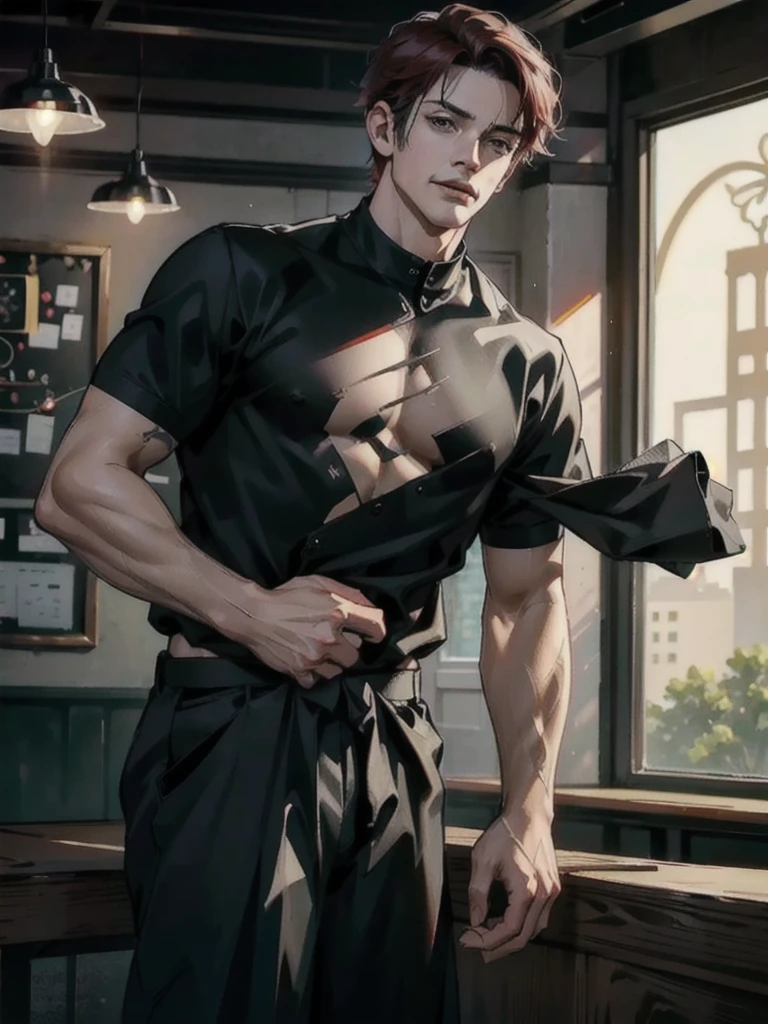 a 40 year old man with red short hair, grey eyes, moles all over the face, wearing an official uniform, masculine, teacher, best quality, 8k, highres, masterpiece, ultra-detailed, realistic, photorealistic, studio lighting, extreme detail description, professional, vivid colors