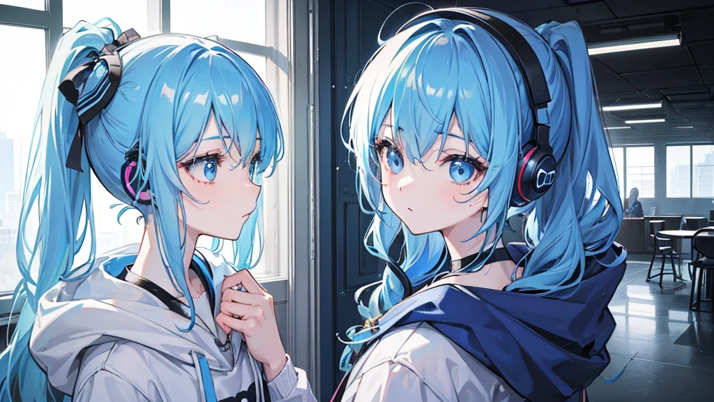 (2 girl), indoor girl, girl wearing a blue hoodie, body, ice blue hair, ponytail, princess curls, exposed shoulders, wearing headphones, shorts, girl listening to music, cute and playful girl, blue eyes, vibrant atmosphere, mouth open, (close-up shot), (masterpiece, best quality, high-resolution, beautiful face, 8K illustrations, detailed background), indoor lighting, Edge light, sparkling, volume light, light particles, warm light, modern, perspective, fashionable, isometric design, symmetrical portrait, (side view: 1.2), (2.5D), with crystal clear sweat on the face, posing, (surprised expression)