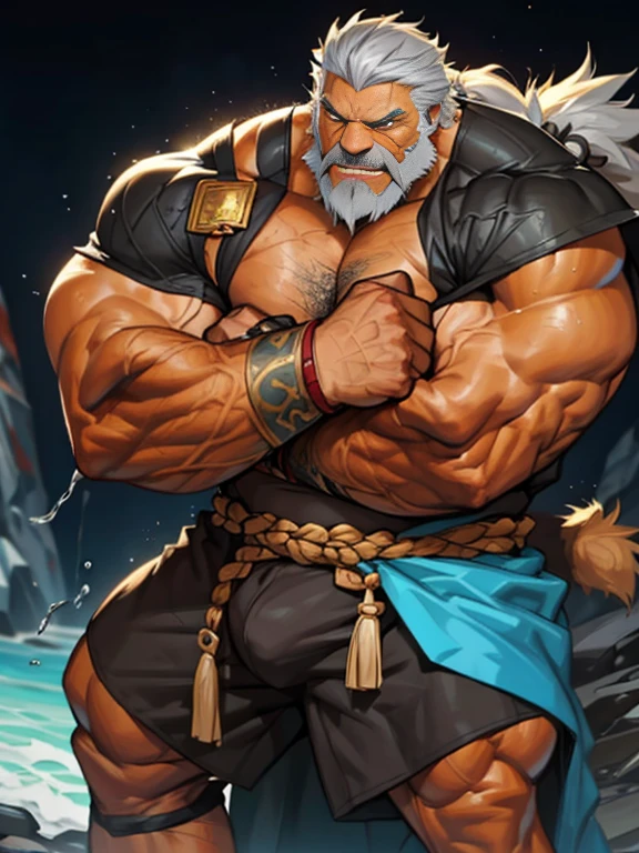 A burly, virile, and hairy werewolf, exuding the irresistible charm of a himbo muscle daddy. His middle-aged features, adorned by a long, bushy beard and a thick mustache, reveal a life of experience and adventure. His body, sculpted into a warrior's build and a bodybuilder's physique, is a testament to his unyielding dedication to physical fitness. The hair on his chest and belly forms a carpet of thick fur, while his hairy arms and legs are adorned with a natural, untamed layer of hirsute. Every muscle on his overmuscular and musclebound frame is defined and bulging, veins pulsing beneath the surface, hinting at his incredible strength. Despite his advanced age, his grey hair only adds to his handsome and dreamy appearance.