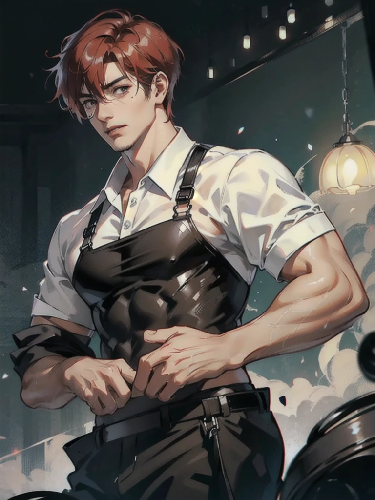 a 40 year old man ((red short hair:1.0)), grey eyes, moles all over the face, wearing an official uniform, masculinity, teacher
