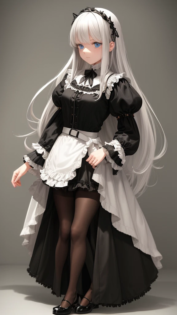 Siesta has chin-length white hair, Birkin bangs, and sky blue eyes. She also pins several bobby pins to the right side of her hair and wears a simple belt. His attire is monochromatic, consisting of an unbuttoned gray jacket, closed at the top with a red bow; a black blouse underneath; and a gray skirt with ruffled fabric underneath and suspended lace above. Siesta wears black pantyhose and Mary Janes. Her outfit is very reminiscent of the gothic lolita aesthetic.
