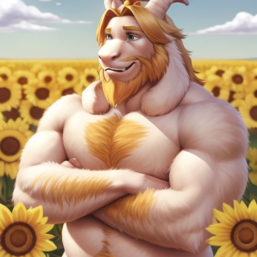 asgore, no clothes, no topwear, no bottomwear, nude, naked, plump, (soft shading), 4k, hi res, five fingers, detailed hands, ((detailed face, (detailed eyes:1.0), detailed)), (full body view), by zackarry911, by zaush, (by personalami:0.5), full body, male focus, no humans, flower field, flower, smile, crossed arms, well endowed, cum  on flower:1.30, massive cumshots on sun flowers:1.45