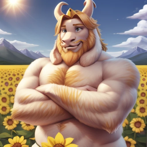 asgore, no clothes, no topwear, no bottomwear, nude, naked, plump, (soft shading), 4k, hi res, five fingers, detailed hands, ((detailed face, (detailed eyes:1.0), detailed)), (full body view), by zackarry911, by zaush, (by personalami:0.5), full body, male focus, no humans, flower field, flower, smile, crossed arms, well endowed, cum  on flower:1.30, massive cumshots on sun flowers:1.45