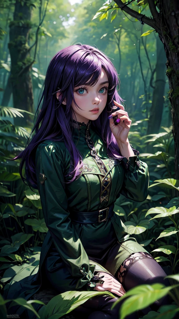 anime girl sitting in the forests and trees, in the style of hyper-realistic sci-fi, gothic dark and ornate, flowerpunk, realistic, violet and green, highly realistic,detailed face, detailed eyes, detailed hands