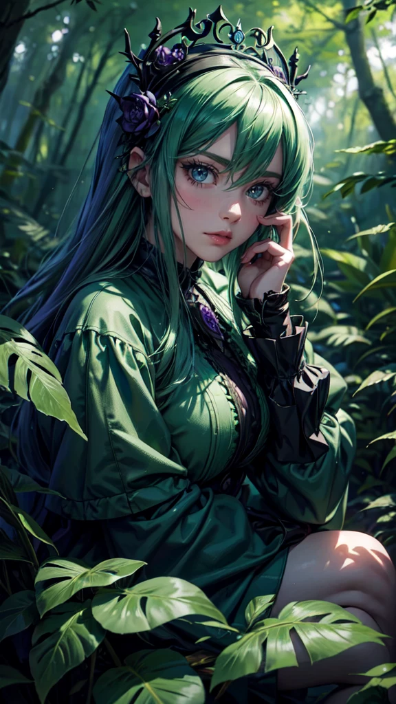 anime girl sitting in the forests and trees, in the style of hyper-realistic sci-fi, gothic dark and ornate, flowerpunk, realistic, violet and green, highly realistic,detailed face, detailed eyes, detailed hands
