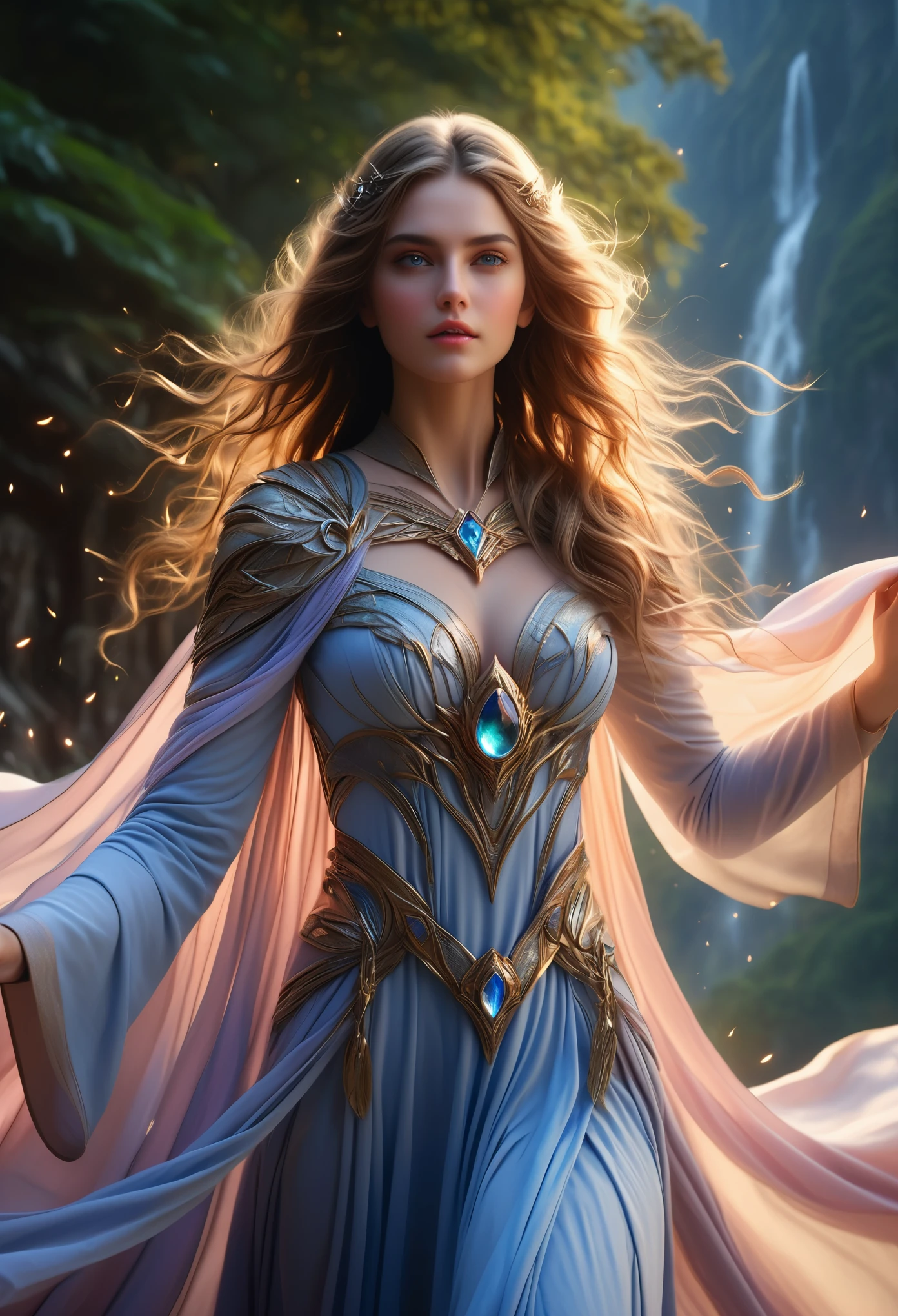 (best quality,4k,8k,highres,masterpiece:1.2),ultra-detailed,(realistic,photorealistic,photo-realistic:1.37), a beautiful young female mage with long flowing hair, elegant robes, and a mystical aura, intricate magical effects, glowing magical energy, detailed fantasy landscape with towering mountains, lush forests, and magical ruins, cinematic lighting, dramatic camera angles, (best quality,4k,8k,highres,masterpiece:1.2),ultra-detailed,(realistic,photorealistic,photo-realistic:1.37),fantasy,magic,highly detailed magical girl,beautiful detailed eyes,beautiful detailed lips,extremely detailed eyes and face,longeyelashes,dramatic lighting,cinematic composition,dynamic pose,stunning colors,digital painting