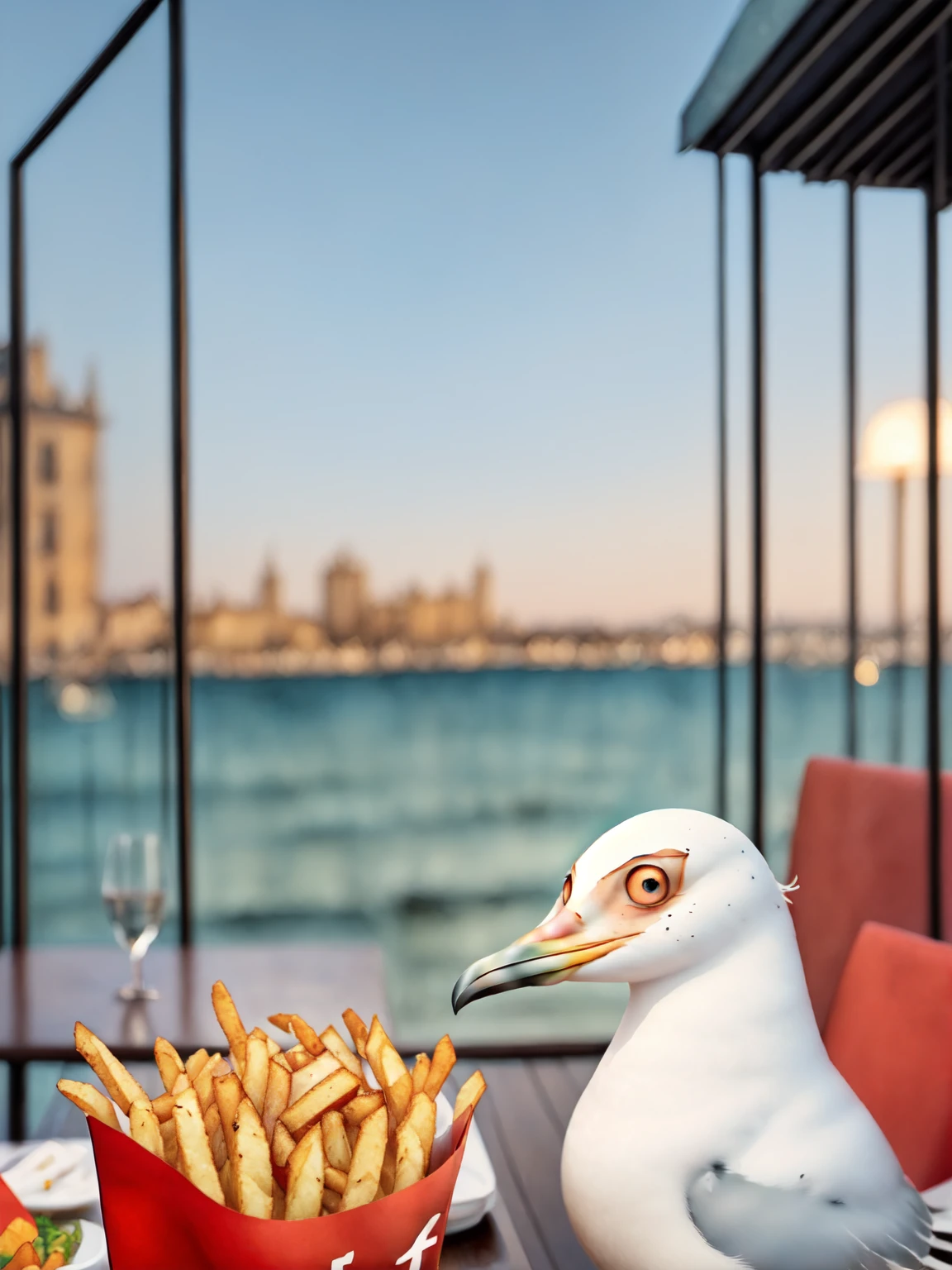 cuento , escena de cuento infantil:1.4 ((A seagull eating French fries:1.3 en un restaurant bien definido y nitido:1.5)), idyllic, magical scene, hermosa restaurant con comensales, (mejor calidad, 4k, 8k, high resolution, Obra maestra:1.2), ultra detallado, (realista, photorealista, photo-realista:1.37), warm lighting, colores vibrantes, enfoque suave, dreamer, acogedor, adorable, lindo, caprichoso, Fancy, Encantador, sereno, peaceful, inocente, reconfortante, imaginativo